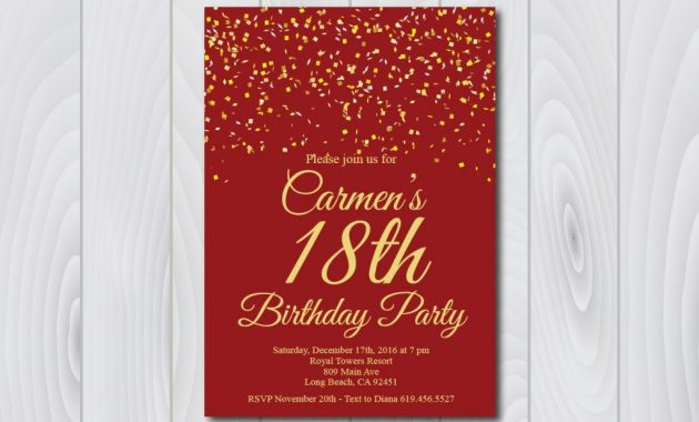 18th Birthday Invitationprintable Gold Red Birthday Invitatione throughout dimensions 1024 X 901