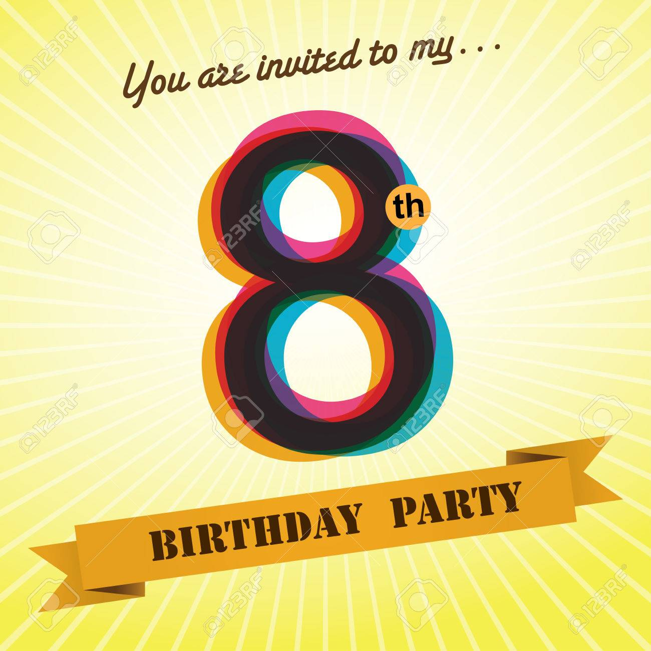 8th Birthday Party Invite Template Design Retro Style Vector with measurements 1300 X 1300