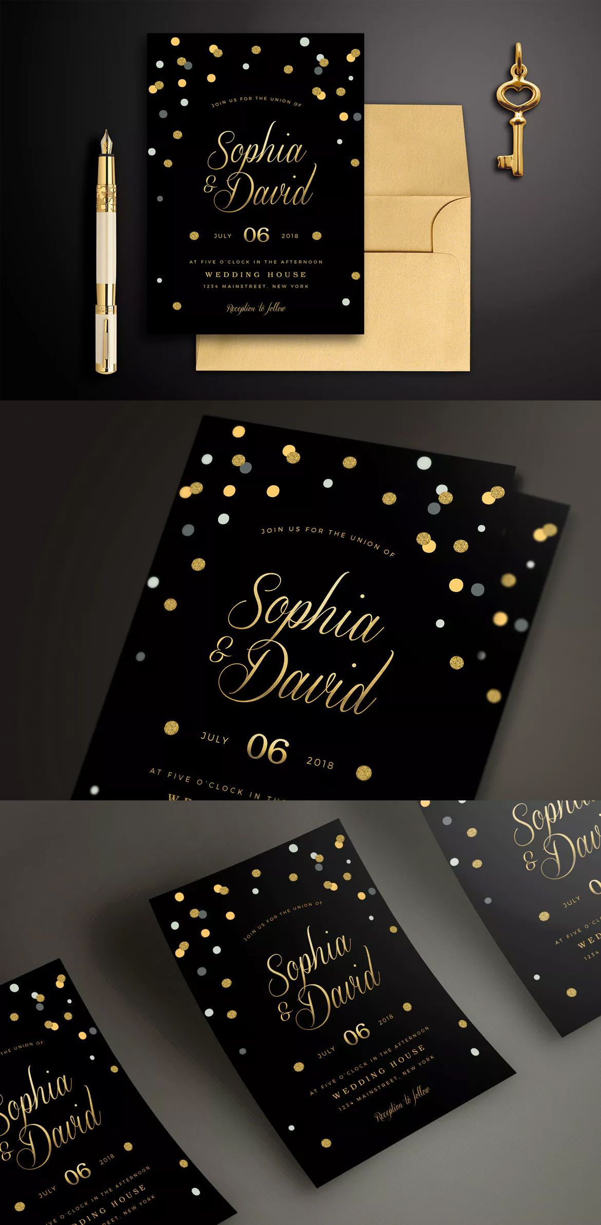 Black Gold Wedding Invitation Psd Card Invite Design Templates in measurements 1170 X 2386