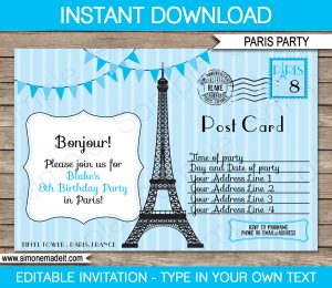 Blue Paris Birthday Party Invitations Template Postcard intended for proportions 1300 X 1126