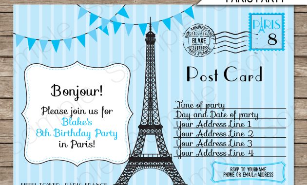 Blue Paris Birthday Party Invitations Template Postcard intended for proportions 1300 X 1126