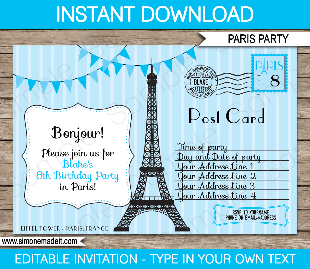 Blue Paris Birthday Party Invitations Template Postcard intended for proportions 1300 X 1126