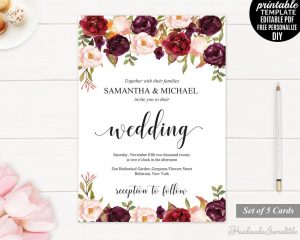 Burgundy Wedding Invitation Set Printable Floral Marsala Invite regarding size 1000 X 800