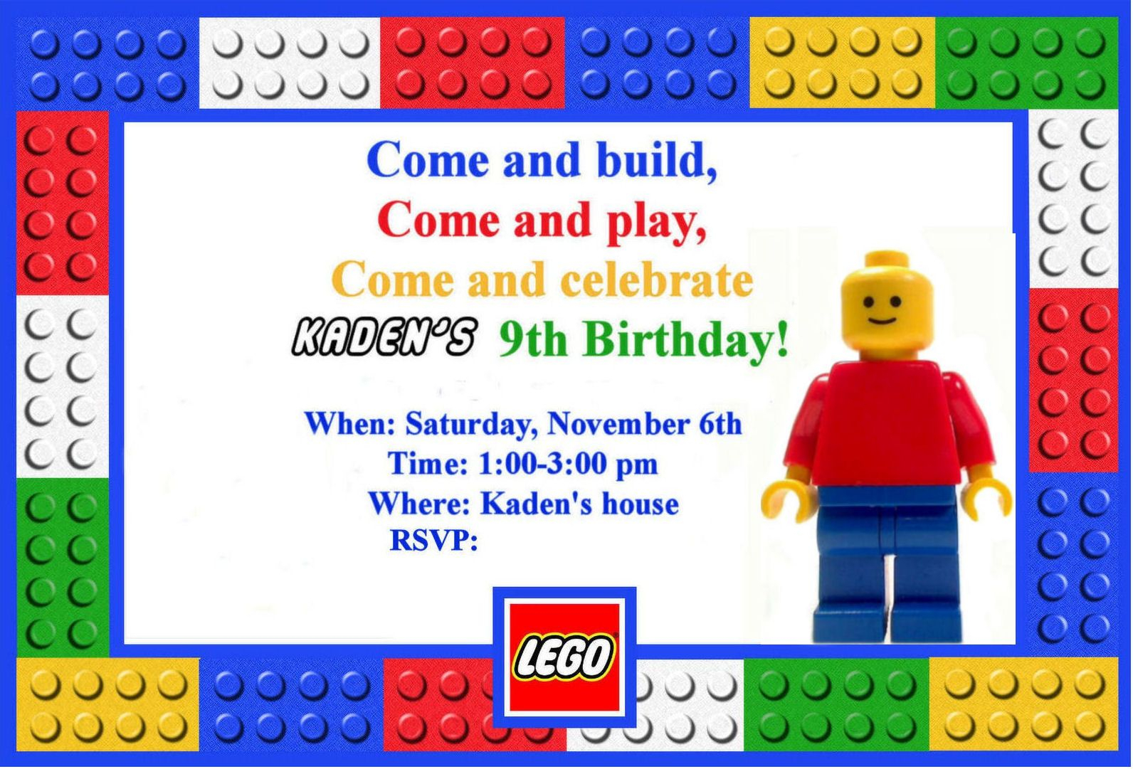 Dazzling Fabulous Colorful Lego Party Invitation Template For Kids throughout sizing 1592 X 1081