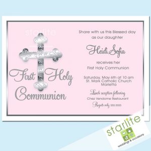 First Communion Invitations Ornate Silver Cross Pink Printable throughout sizing 1000 X 1000