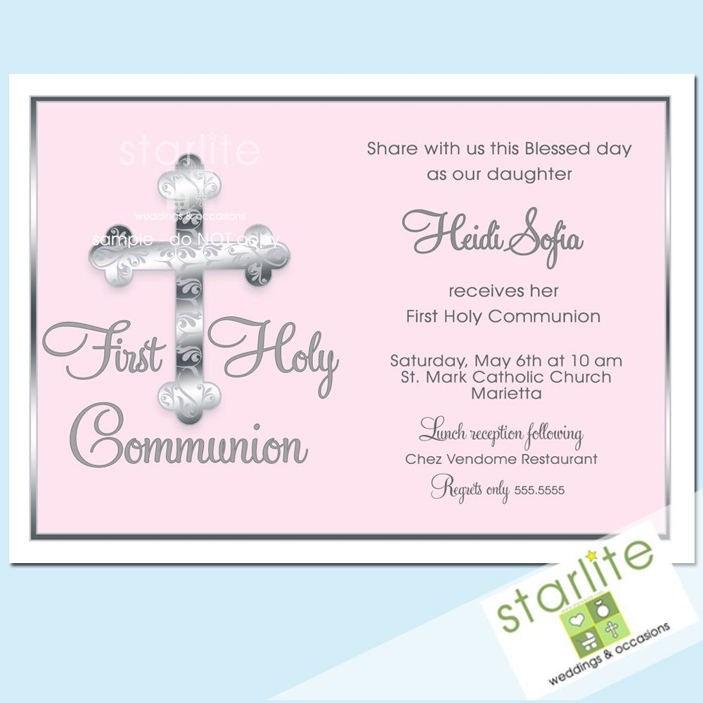 First Communion Invitations Ornate Silver Cross Pink Printable throughout sizing 1000 X 1000