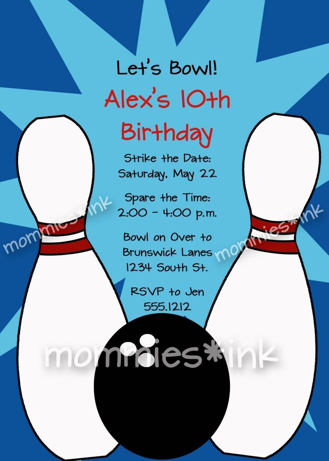Free Bowling Party Invitations Templates With Blue Background Colors pertaining to measurements 1071 X 1500