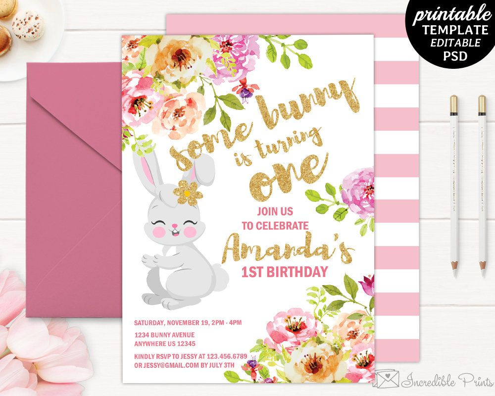 Girl Birthday Invitation Template Printable Bunny Blush Pink Floral within measurements 1000 X 800