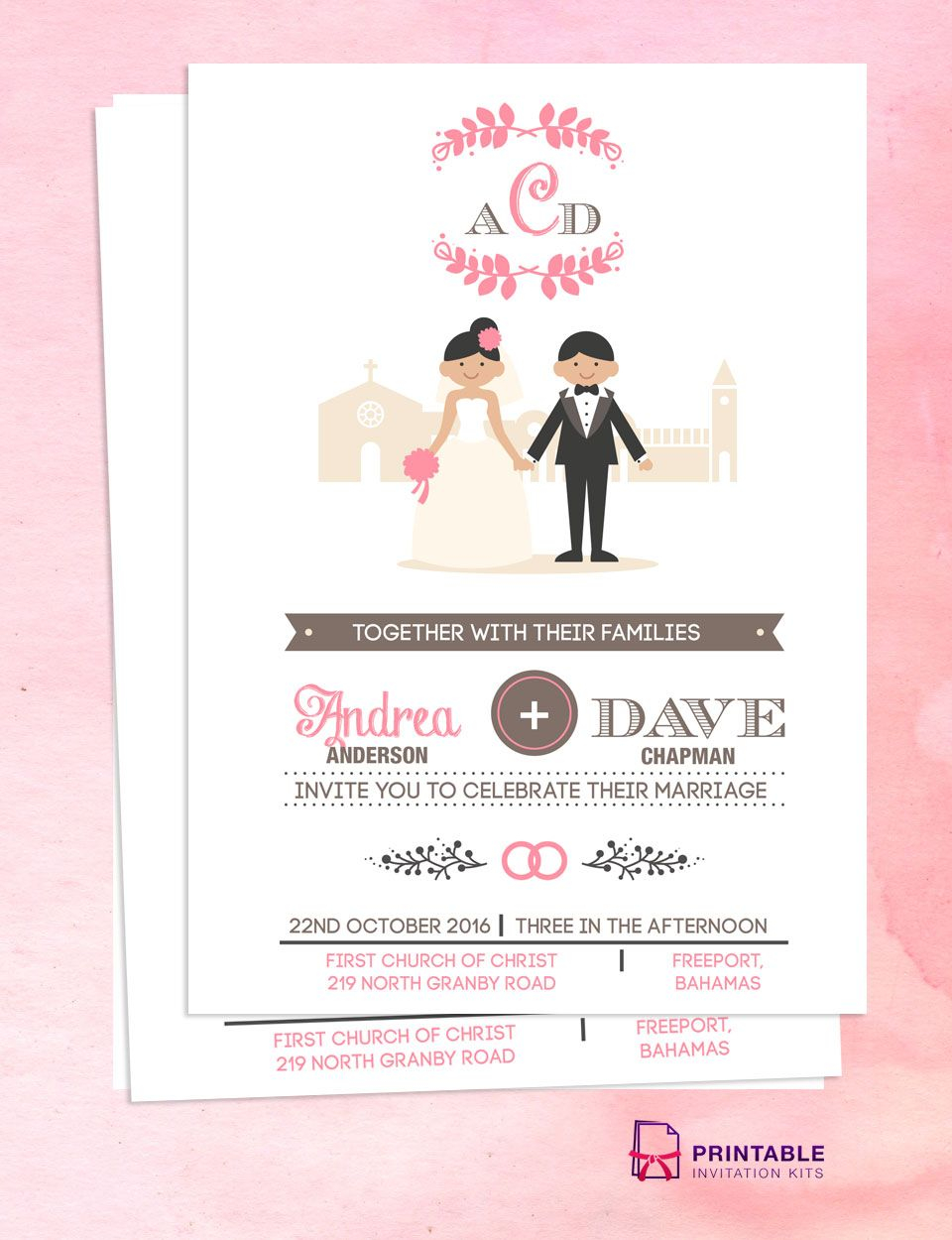 Illustrated Couple In Front Of Church Wedding Invitation Template inside size 960 X 1250