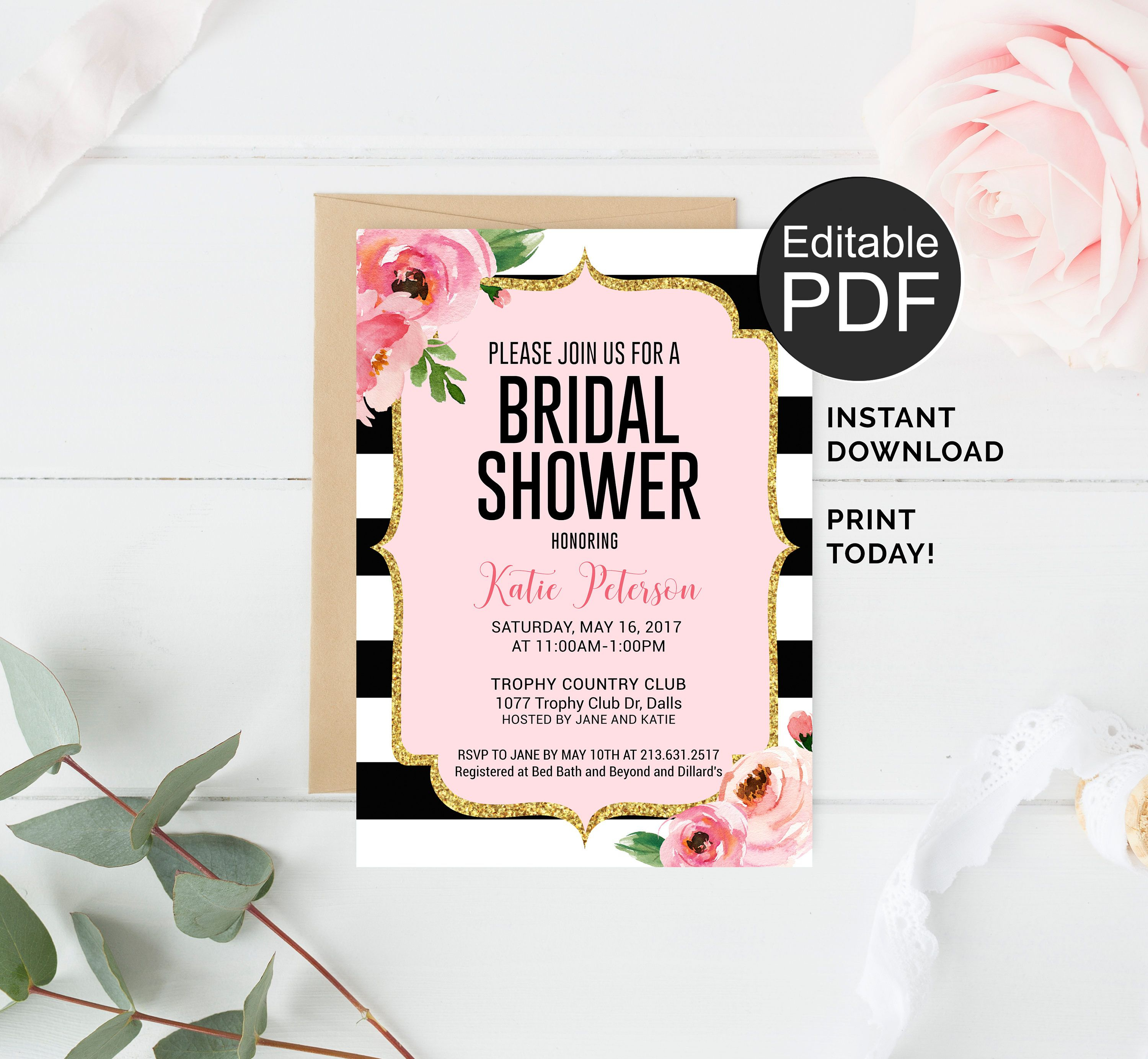 Kate Bridal Shower Invitation Template Black Stripes Invitation in measurements 3000 X 2769