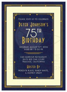 Mans 75th Birthday Invitation Art Deco Navy Blue And Gold pertaining to measurements 1575 X 2175