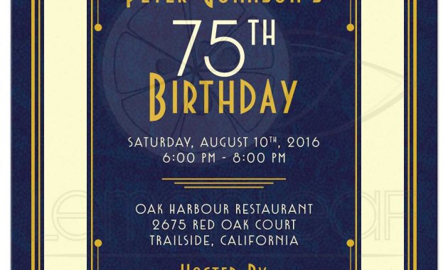 Mans 75th Birthday Invitation Art Deco Navy Blue And Gold pertaining to measurements 1575 X 2175