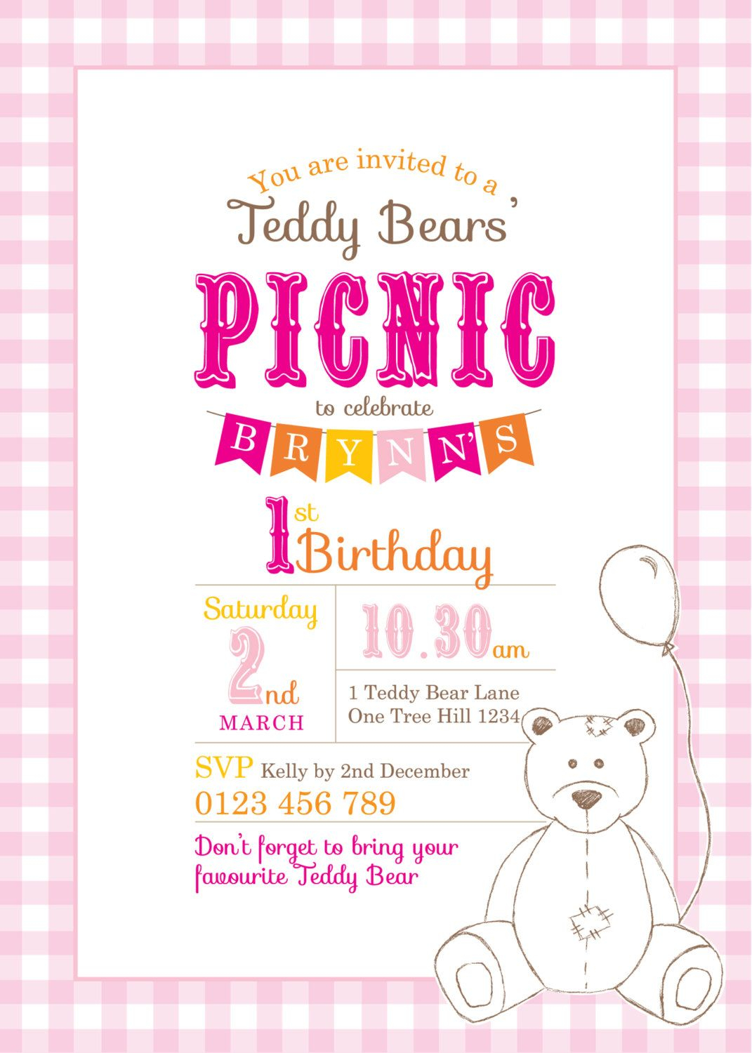 Printable Custom Birthday Party Invitation Template Teddy Bears for proportions 1071 X 1500