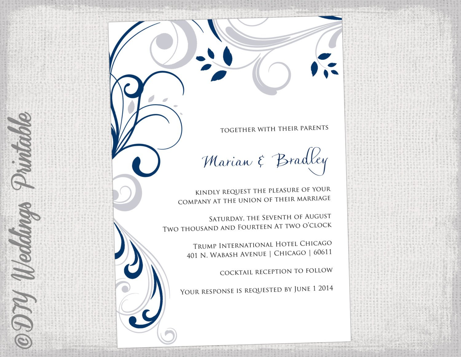 Printable Wedding Invitation Templates Silver Gray And Navy Etsy regarding sizing 1500 X 1160