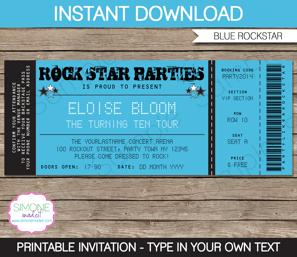 Rockstar Birthday Party Ticket Invitation Template Blue In 2018 pertaining to proportions 1000 X 866
