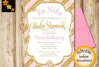 Spanish Ba Shower Invitation Girl Pink And Gold Diagonal Stripes intended for size 1500 X 1127