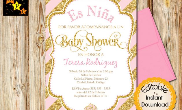 Spanish Ba Shower Invitation Girl Pink And Gold Diagonal Stripes intended for size 1500 X 1127