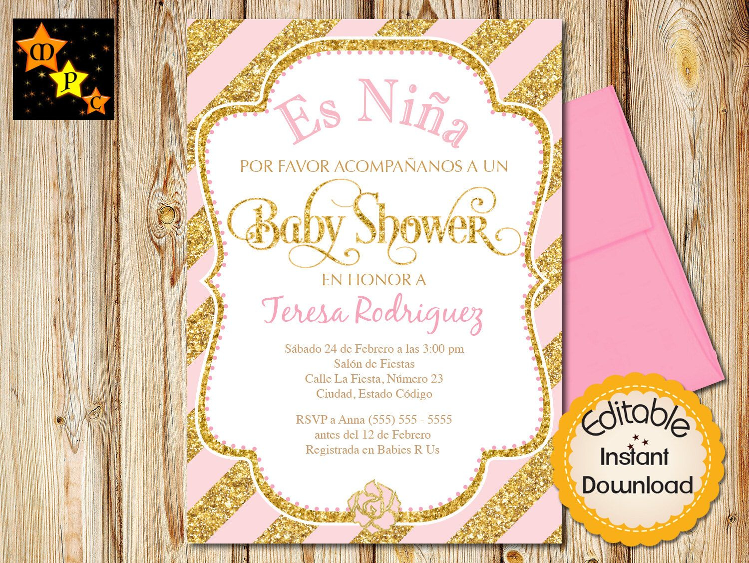 Spanish Ba Shower Invitation Girl Pink And Gold Diagonal Stripes intended for size 1500 X 1127