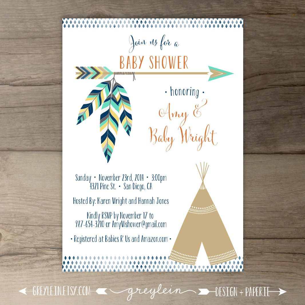 Tribal Ba Shower Invitations Birthday Pow Wow Arrows Feathers with regard to proportions 1066 X 1066