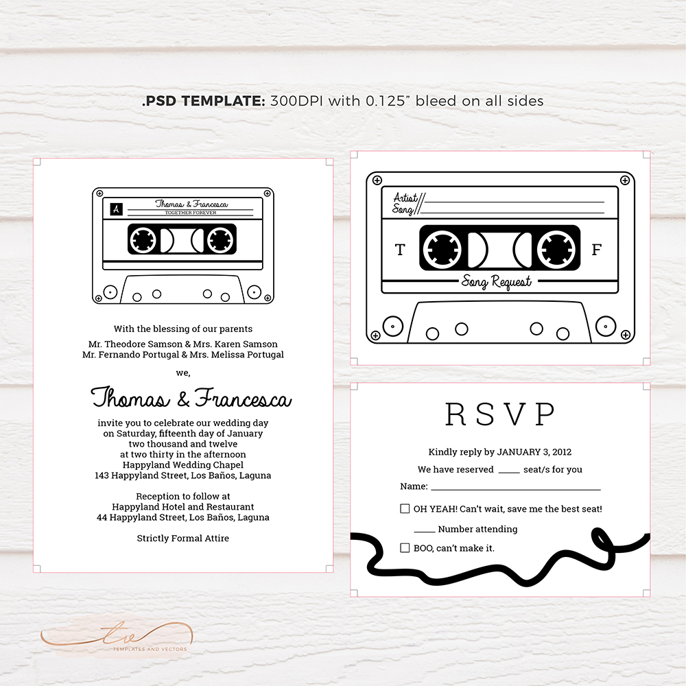 Tvw013 Cassette Tape Wedding Invitation Diy Printable Template for size 1000 X 1000