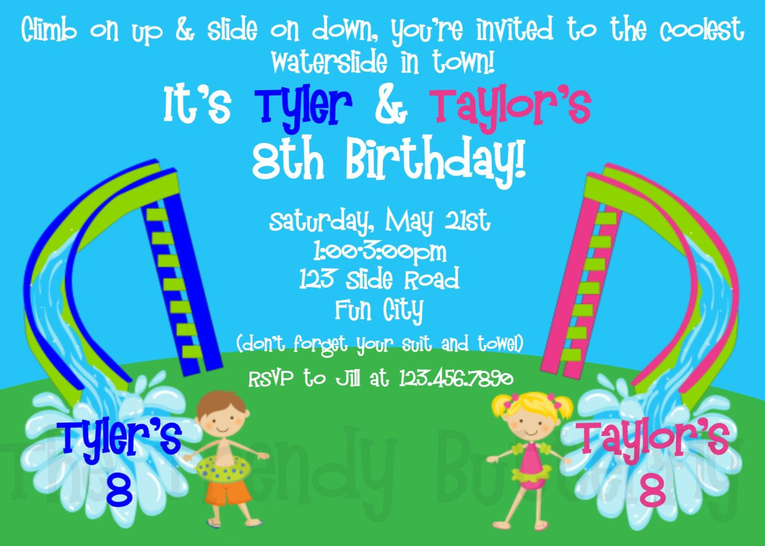 Waterslide Twins Siblings Birthday Party Invitation In 2018 Logan regarding sizing 1500 X 1071