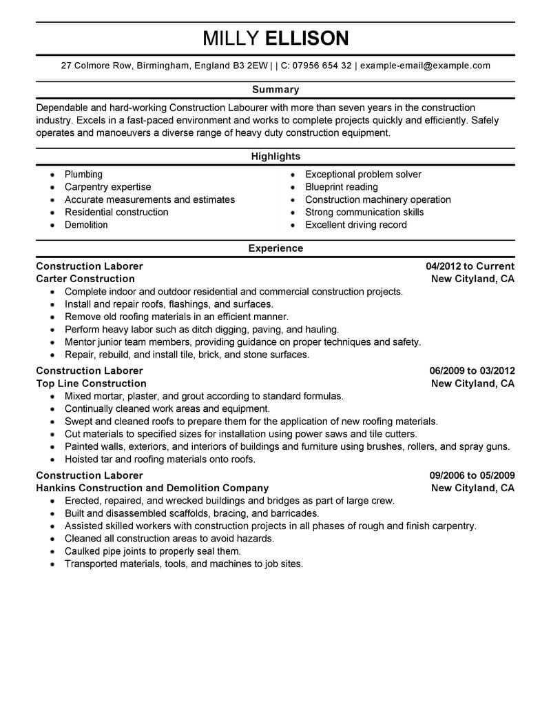 11 Amazing Construction Resume Examples Livecareer for dimensions 800 X 1035