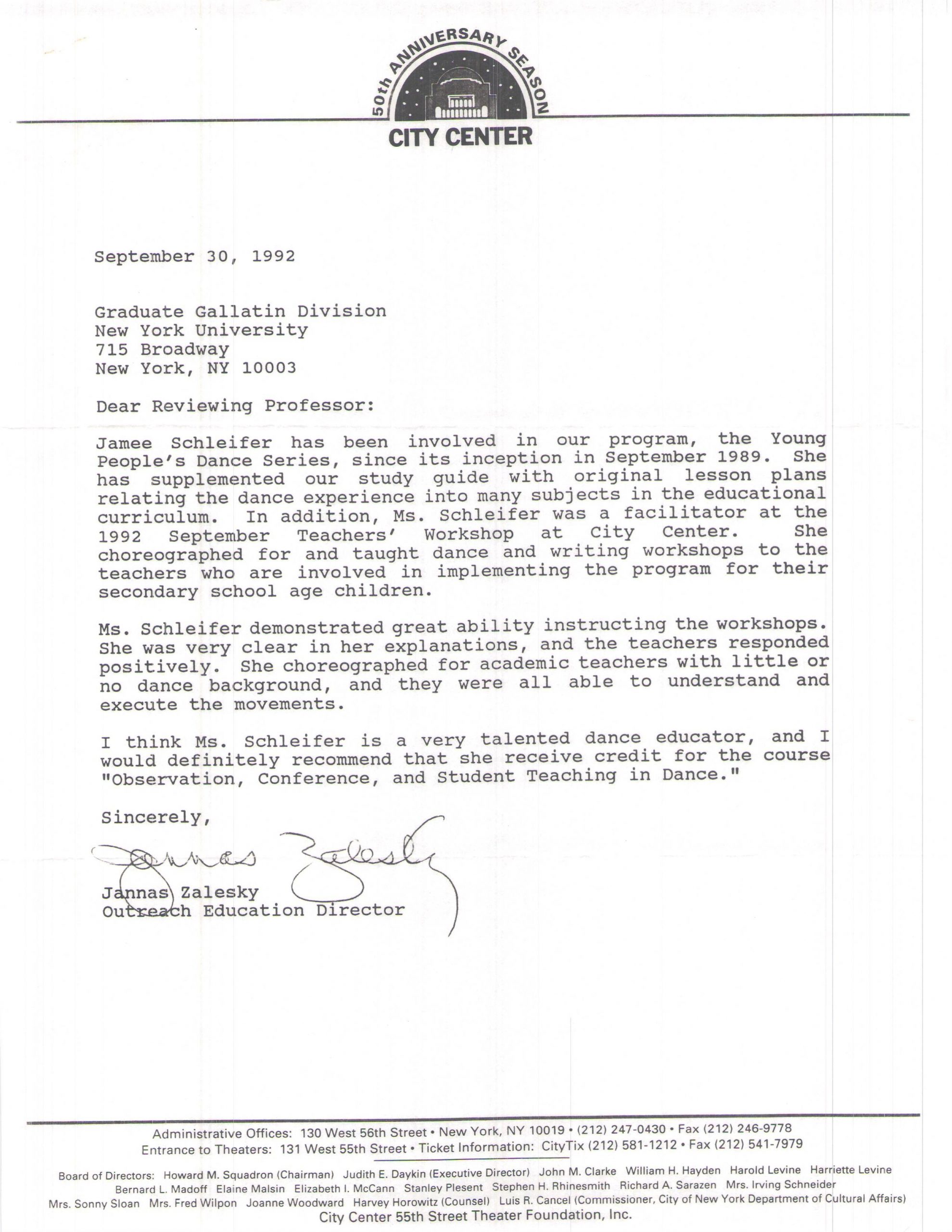 1992 Letter Of Recommendation From City Center To Nyu regarding dimensions 2550 X 3299