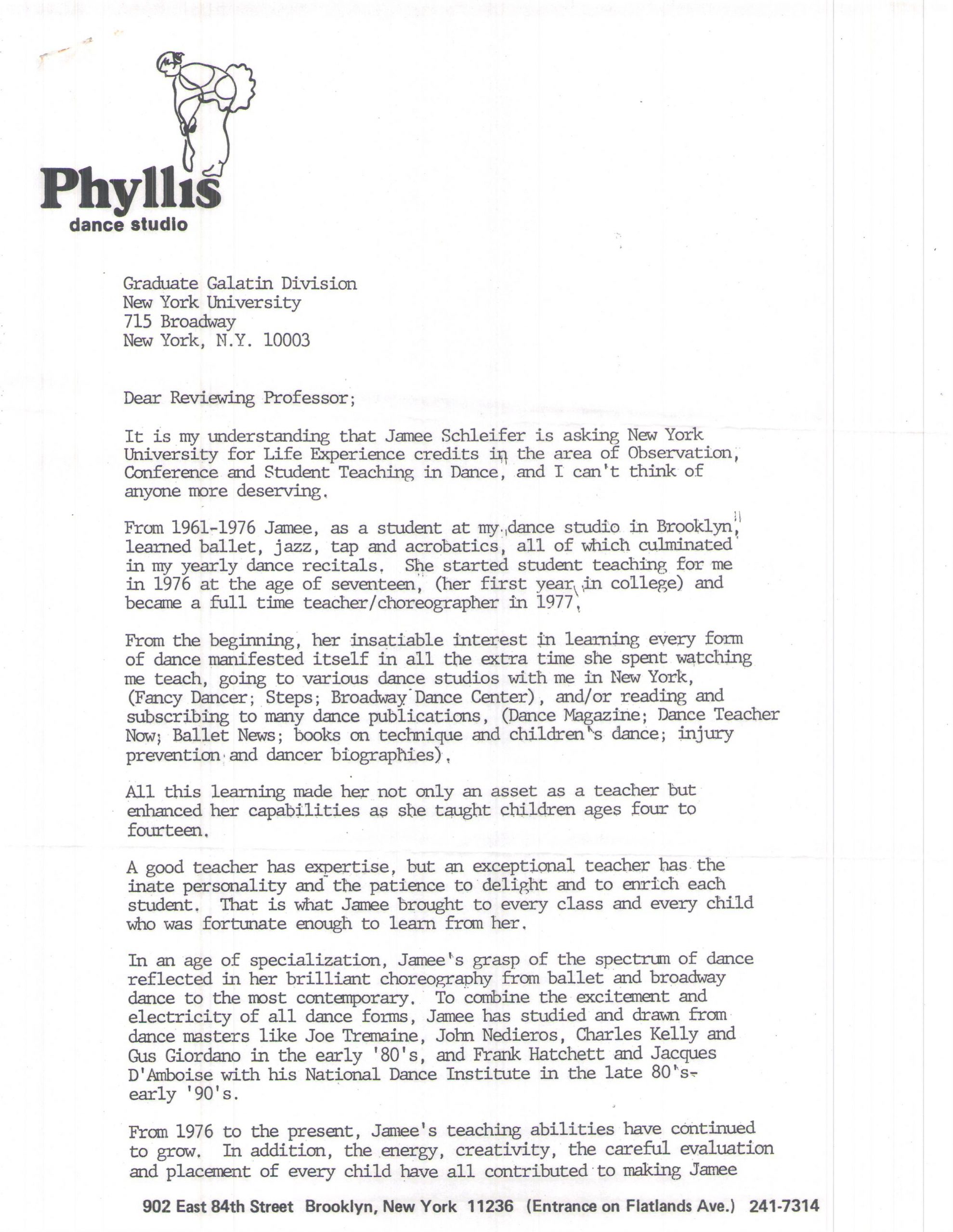 1992 Letter Of Recommendation From Phyllis Dance Studio To within measurements 2550 X 3299