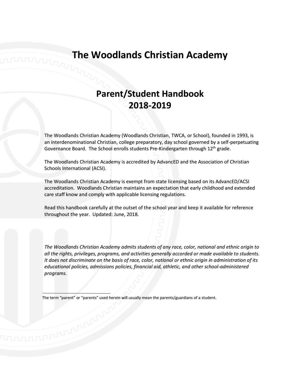 2018 2019 Parent Student Handbook The Woodlands Christian for size 1156 X 1496