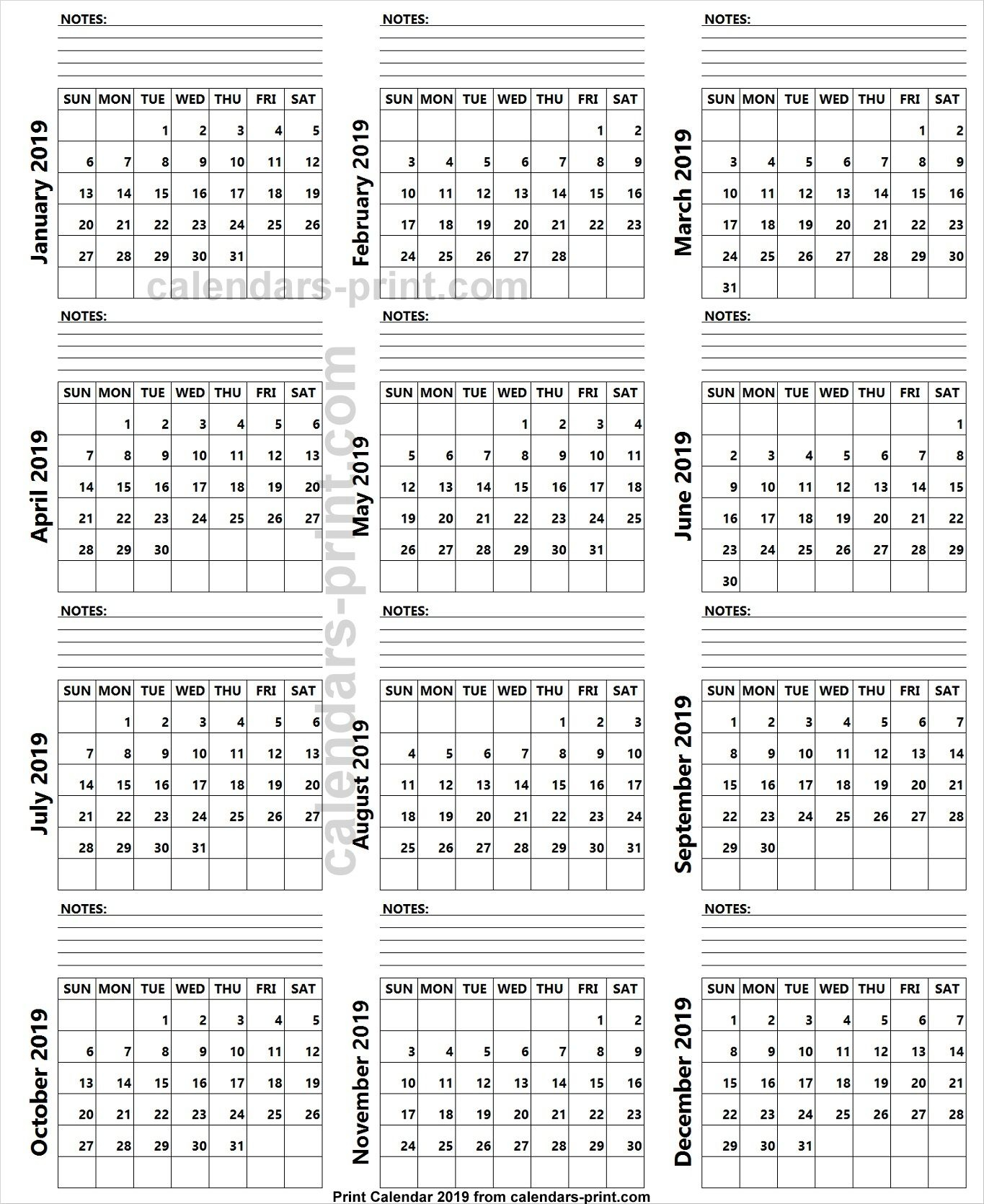 2019 Calendar With Notes Section With Images 2019 with sizing 1365 X 1670