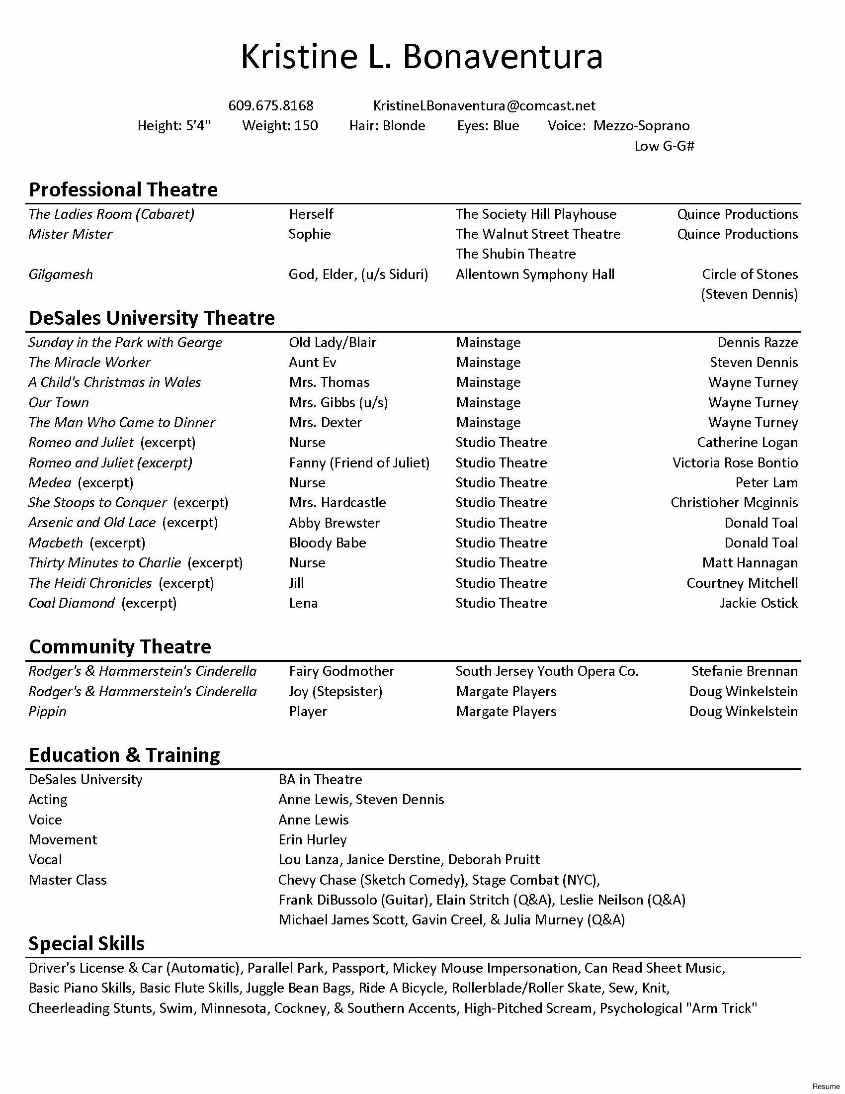 25 Technical Theatre Resume Template In 2020 Acting Resume with regard to sizing 1700 X 2200