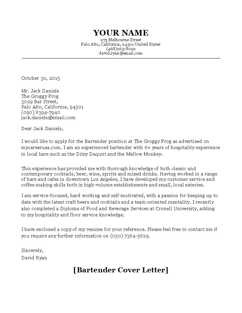 27 Bartender Cover Letter Cover Letter For Resume Resume within sizing 816 X 1056
