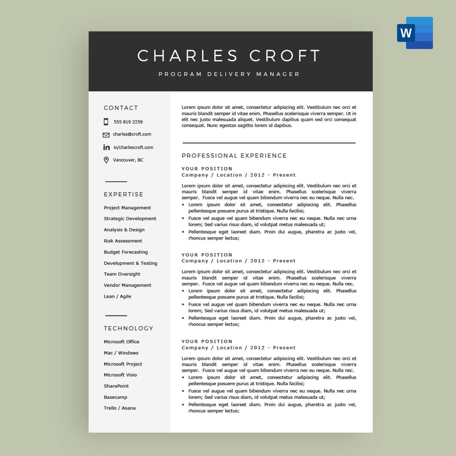 4 Page Resume Cv Template Package For Microsoft Word The Charlie inside measurements 1600 X 1600