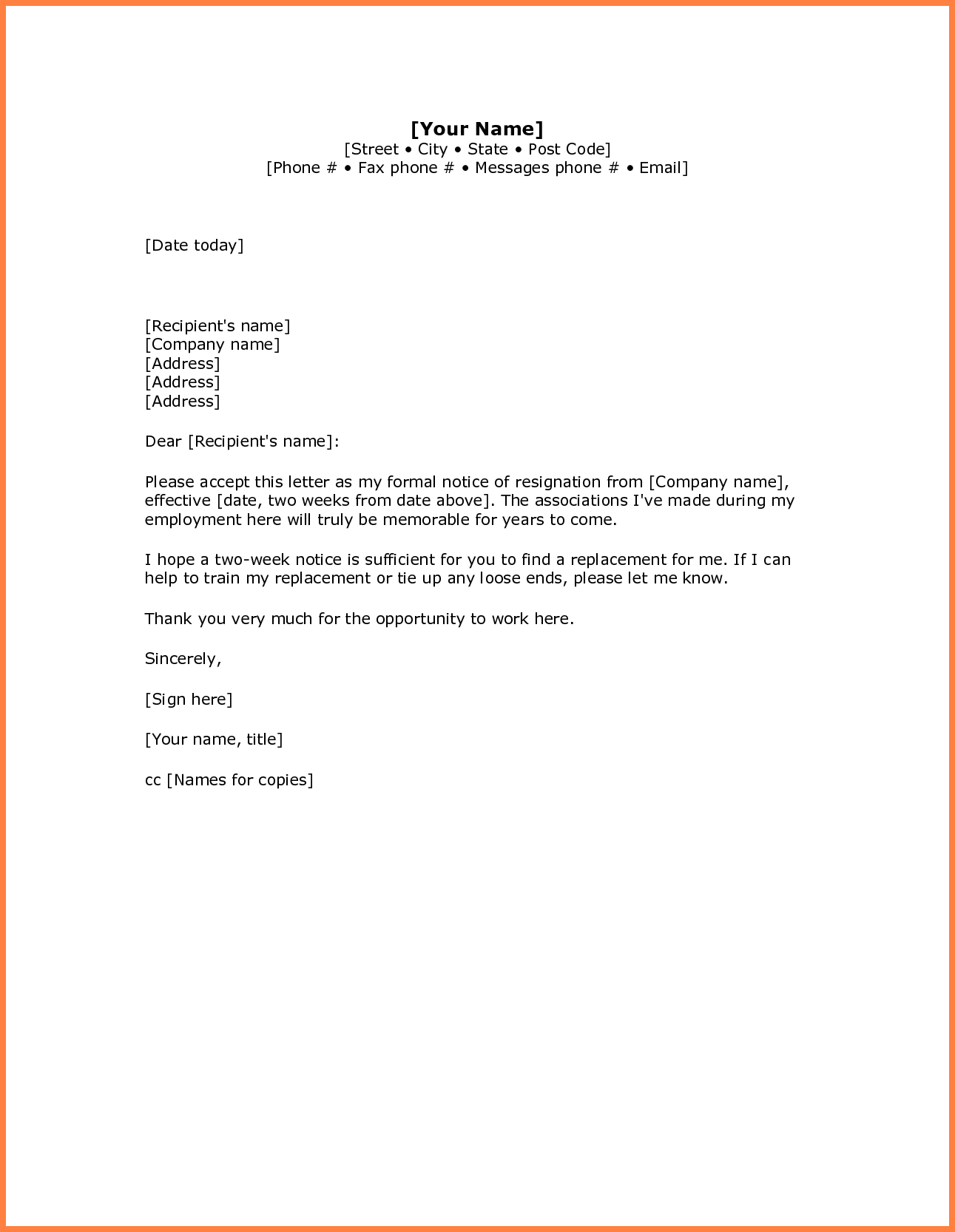 5 Simple Resignation Letter Sample 1 Week Notice intended for size 1291 X 1666