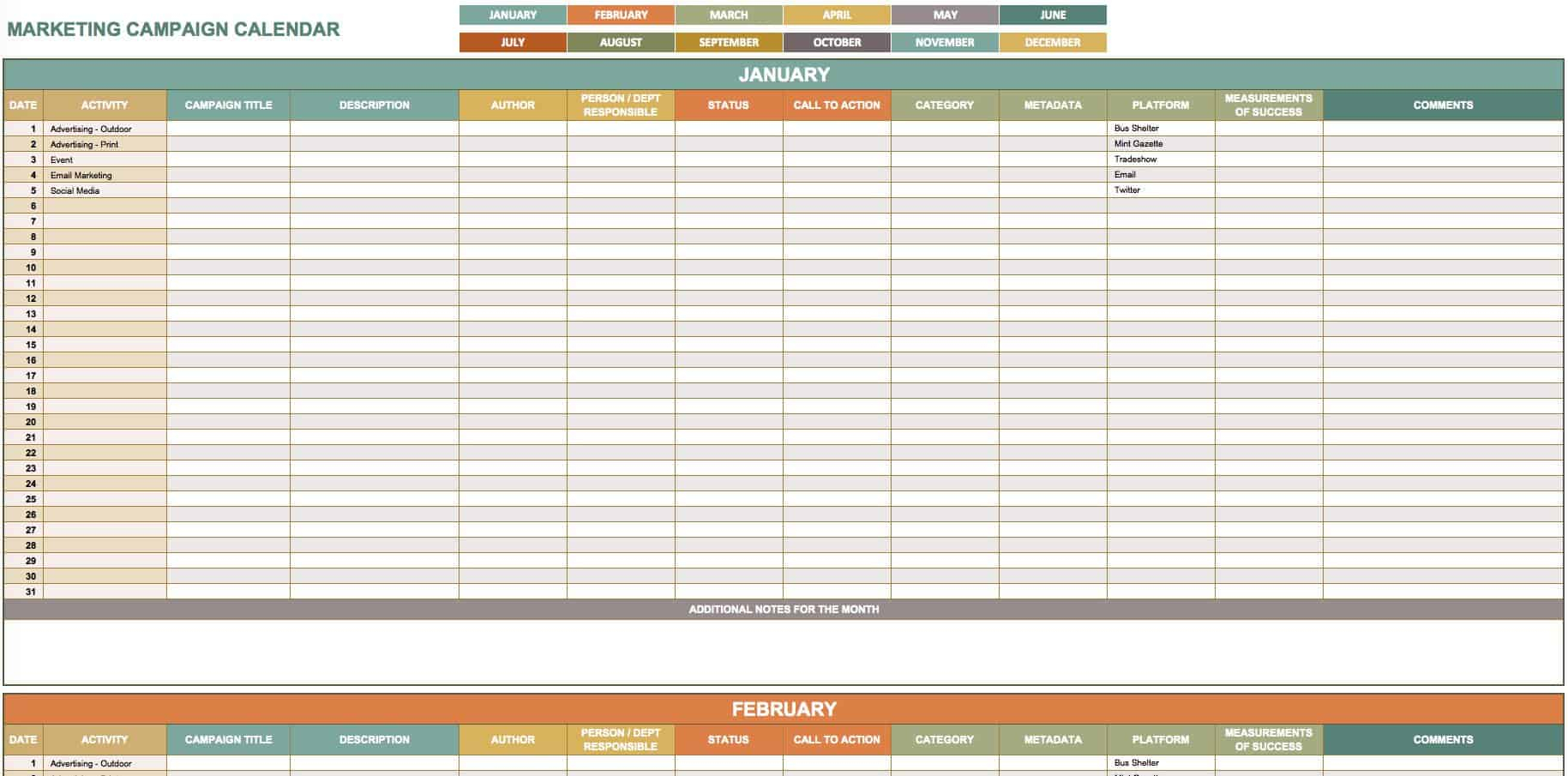 9 Modles Excel Gratuits De Calendriers Marketing Smartsheet pertaining to sizing 1829 X 905