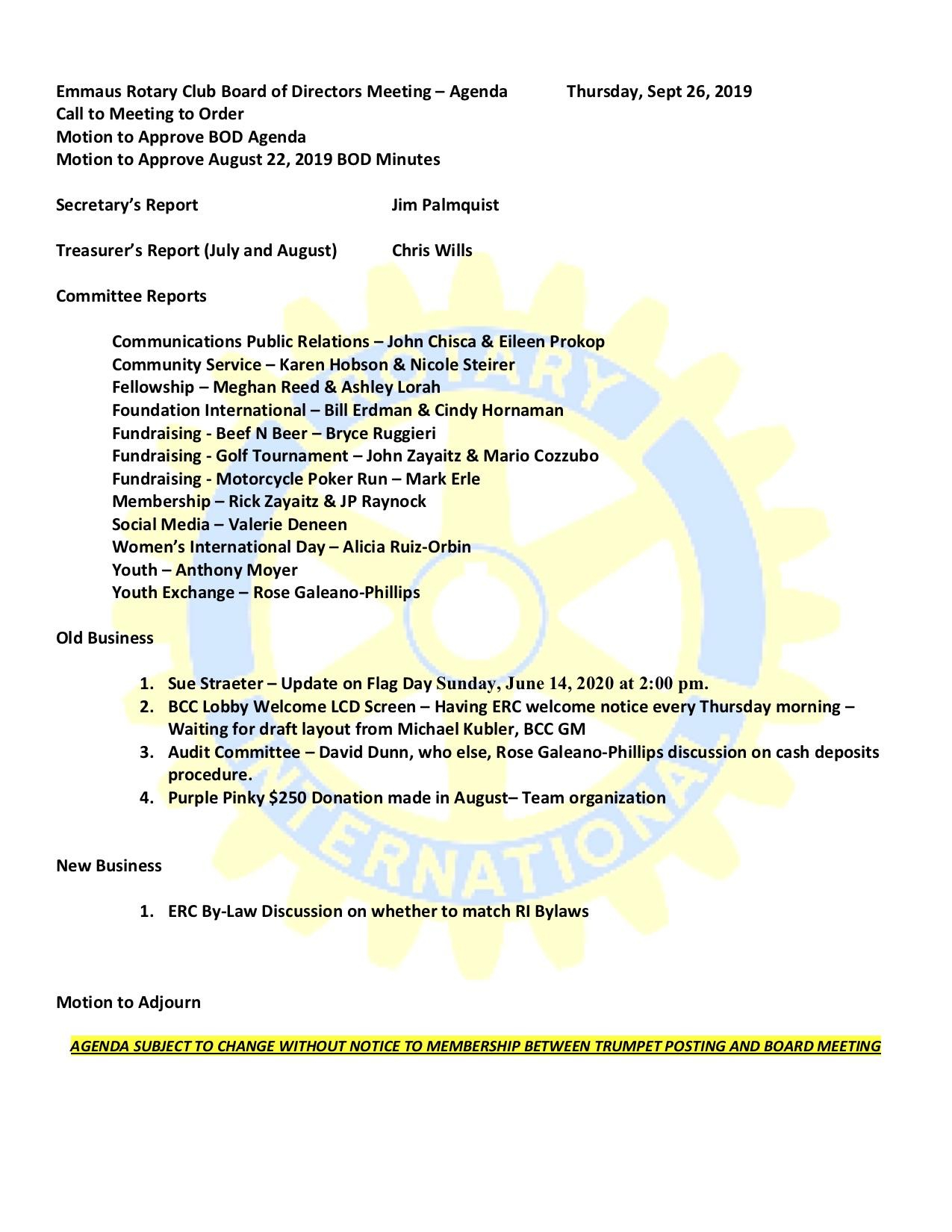 92619 Board Meeting Agenda Rotary Club Of Emmaus for size 1275 X 1650