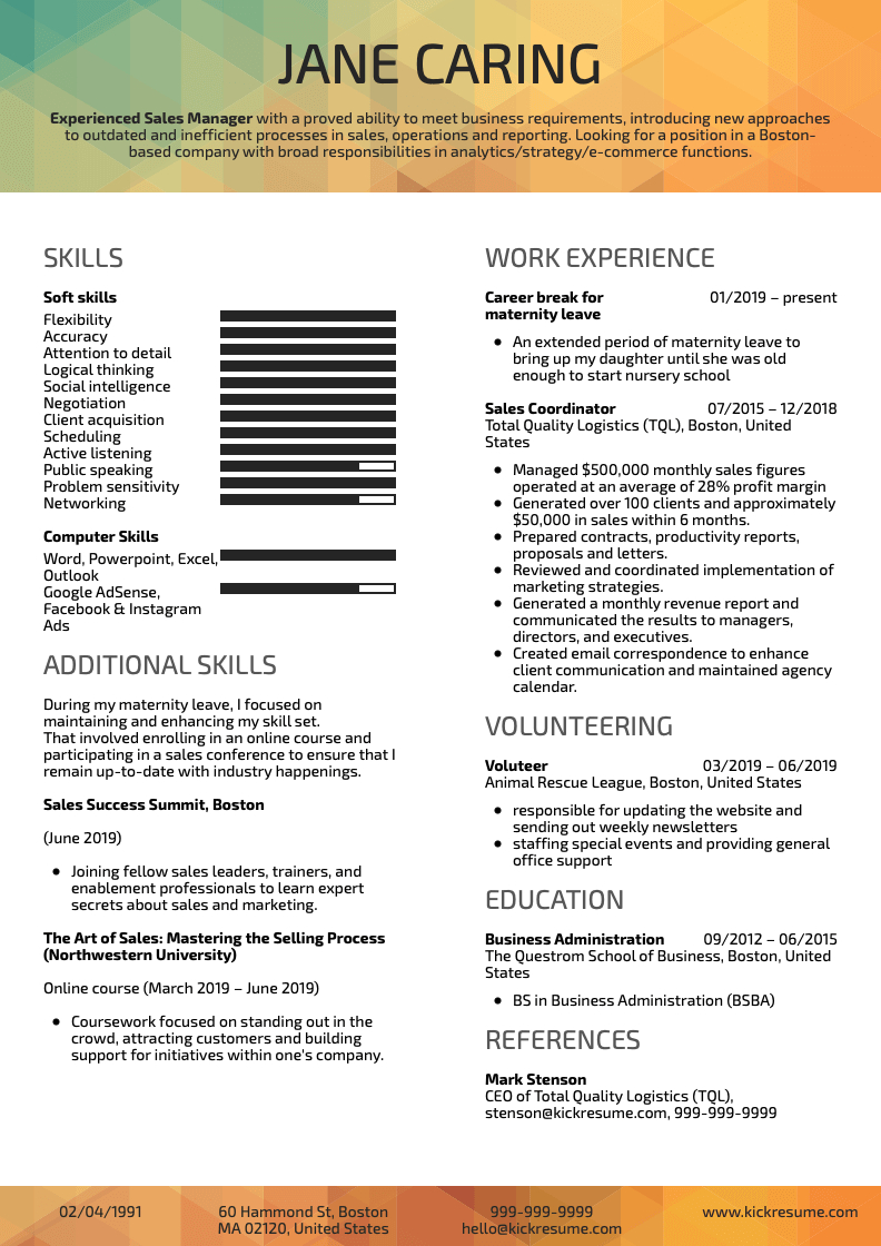 sample resume for career break
