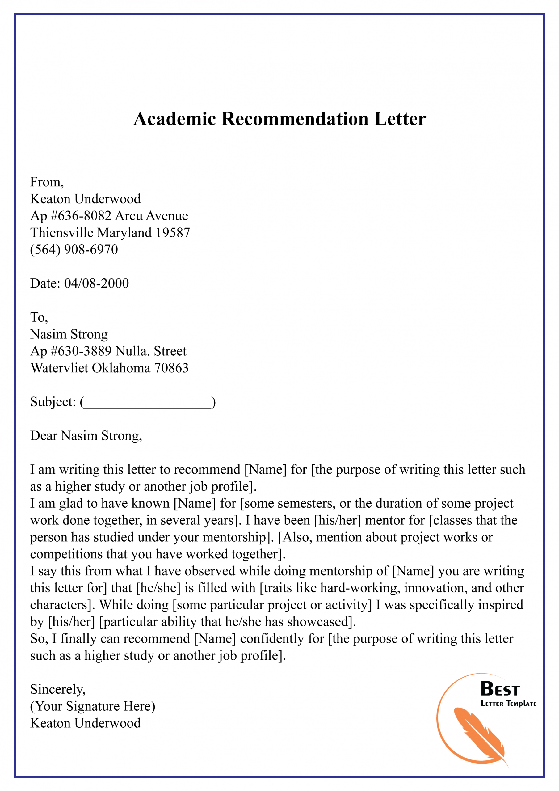 Academic Letter Of Reference Template