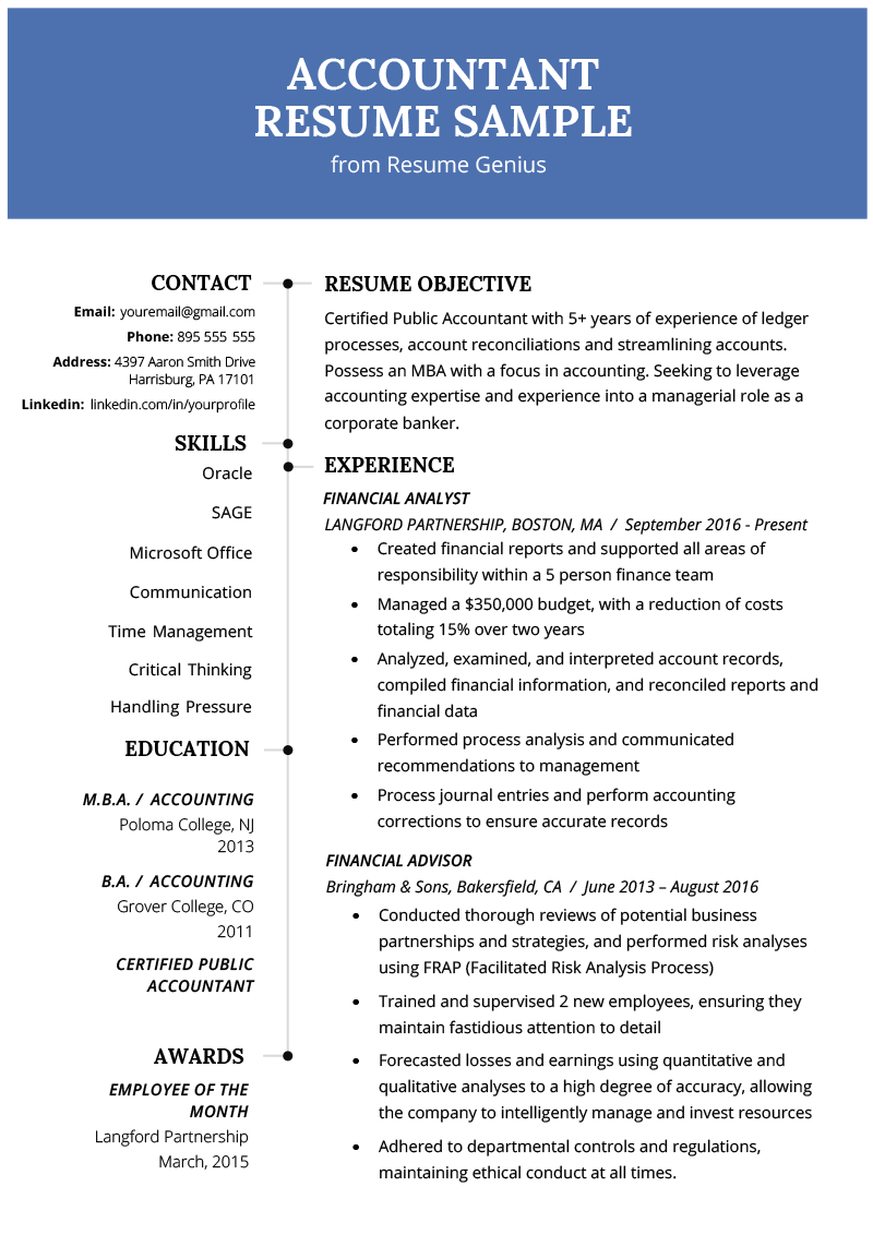 Accountant Resume Sample And Tips Resume Genius with regard to dimensions 800 X 1132