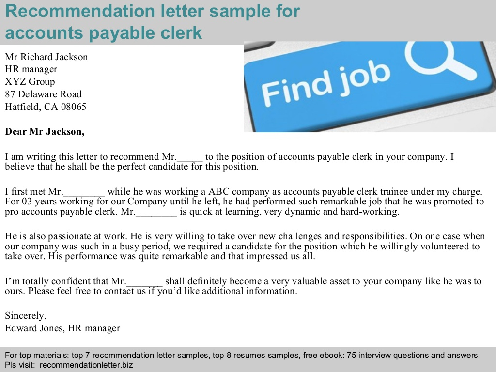 Accounts Payable Clerk Recommendation Letter in measurements 1024 X 768
