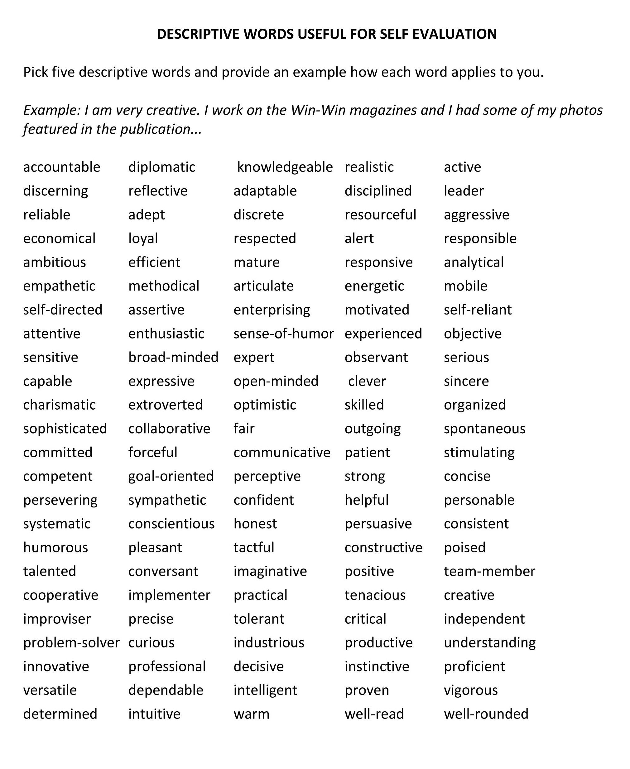 Descriptive Words For Letters Of Recommendation