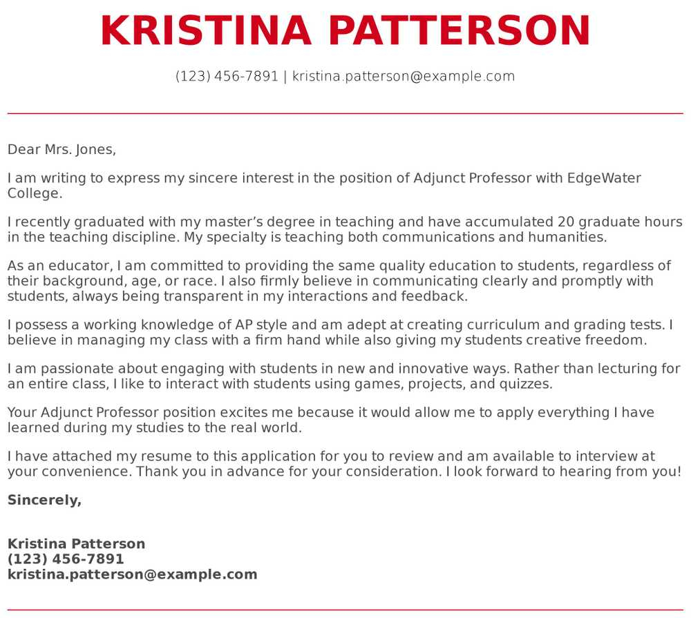 Adjunct Professor Cover Letter Examples Samples Templates throughout sizing 1000 X 895