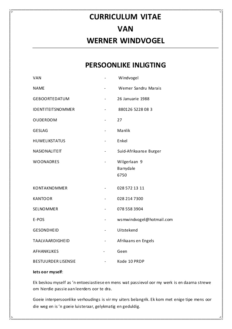 Afrikaans Cv Template Enom regarding proportions 768 X 1087