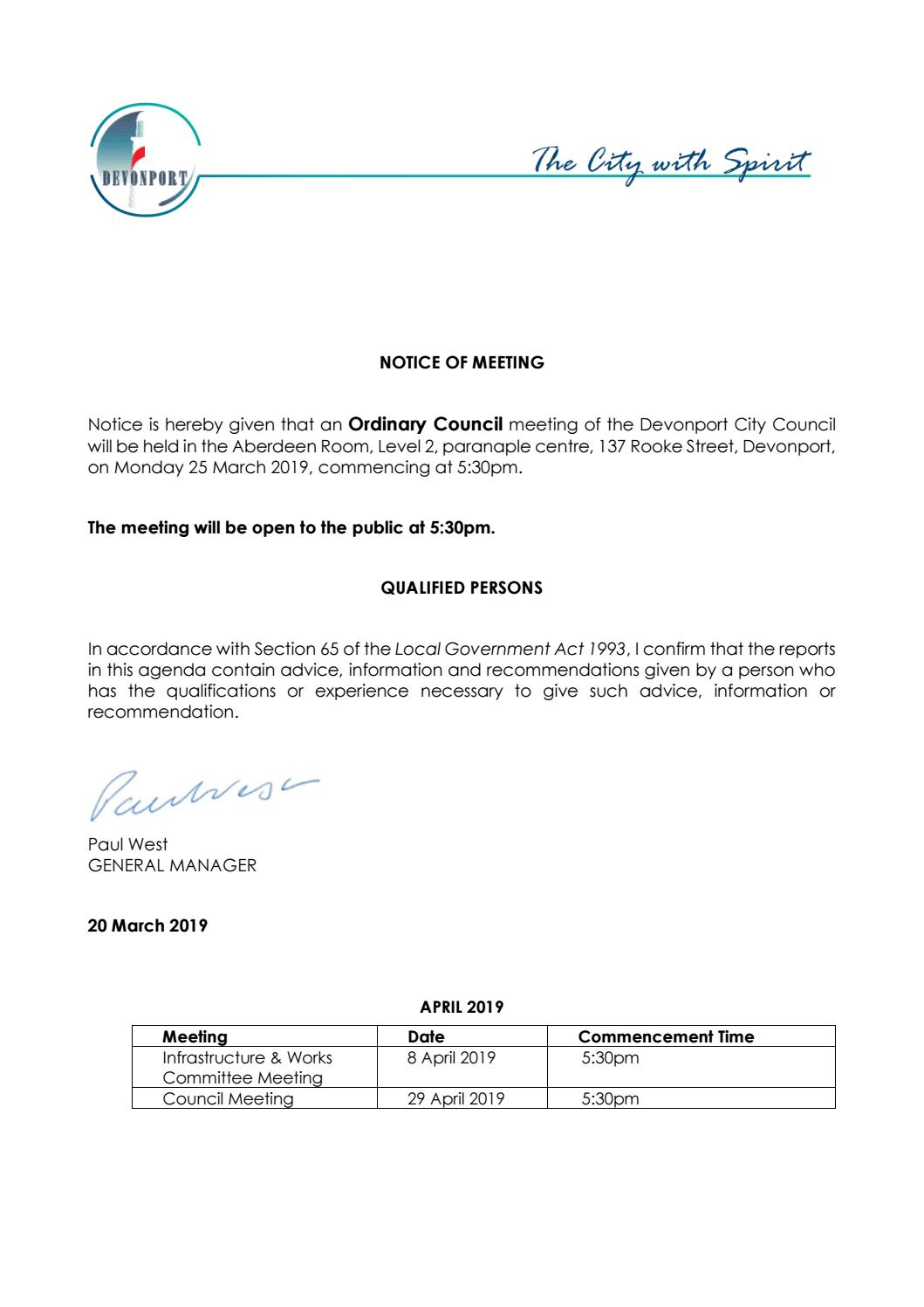 Agenda Council Meeting 25 March 2019 Devonport City intended for measurements 1059 X 1497