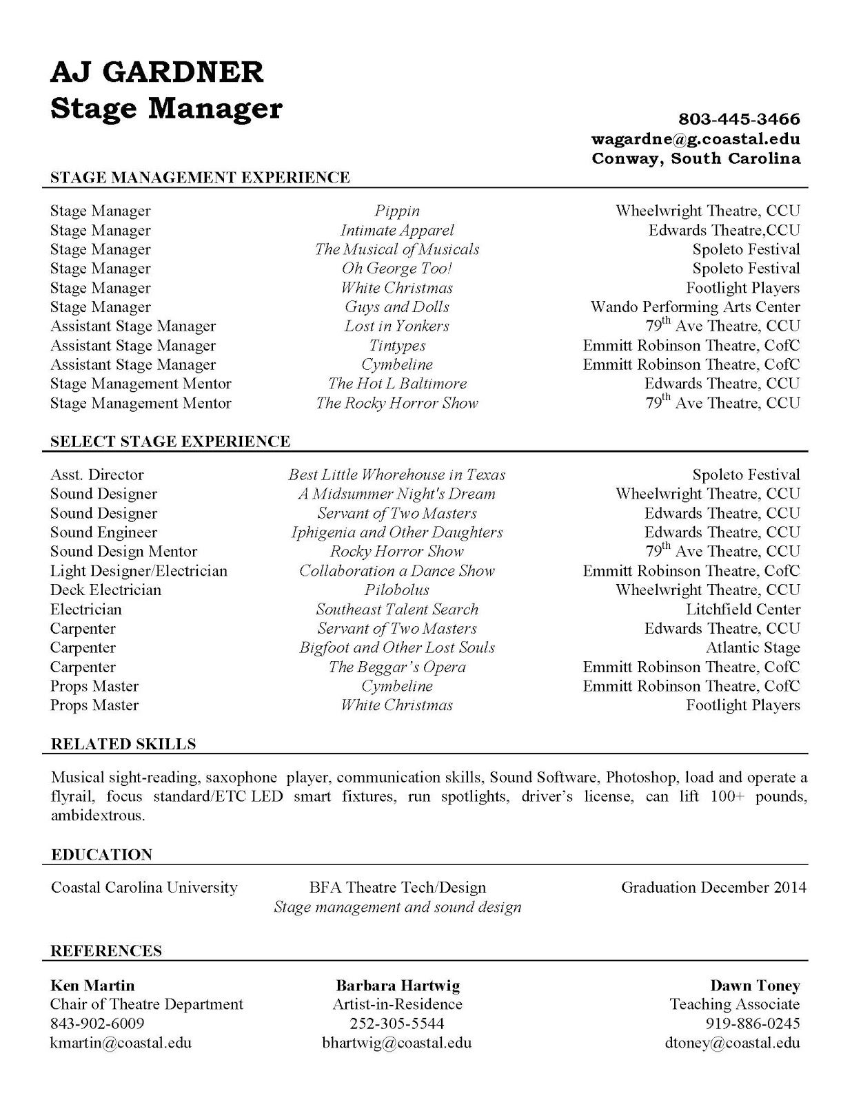 Aj Gardner Theatre Technician Stage Manager Resume Stage with dimensions 1236 X 1600