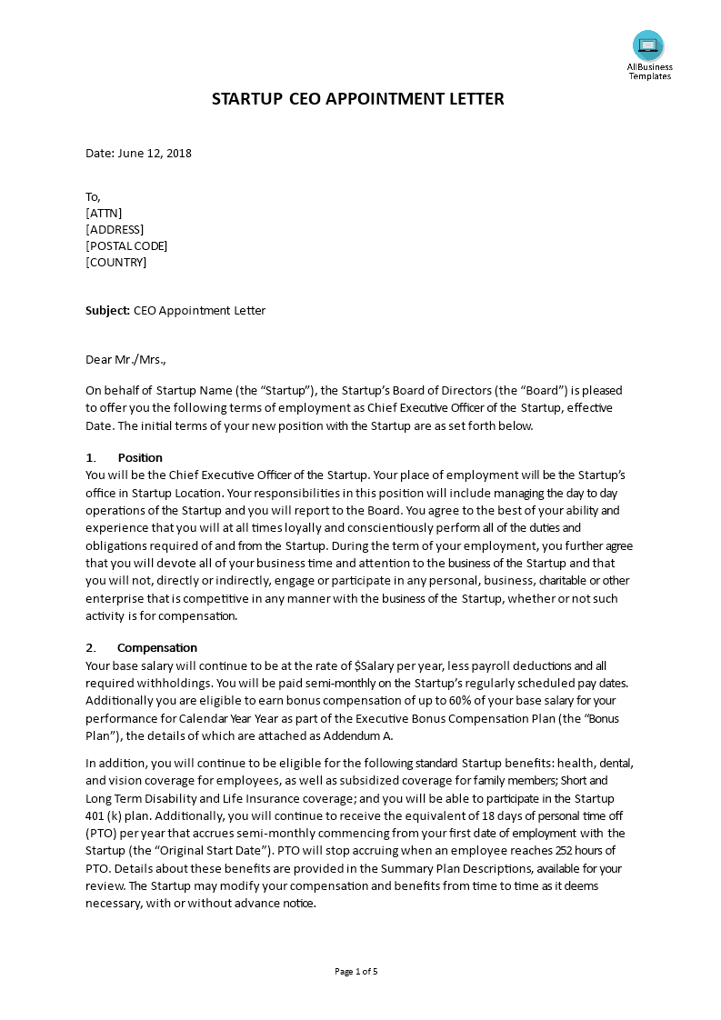 Appointment Chief Executive Officer Letter Do You Need An inside measurements 793 X 1122
