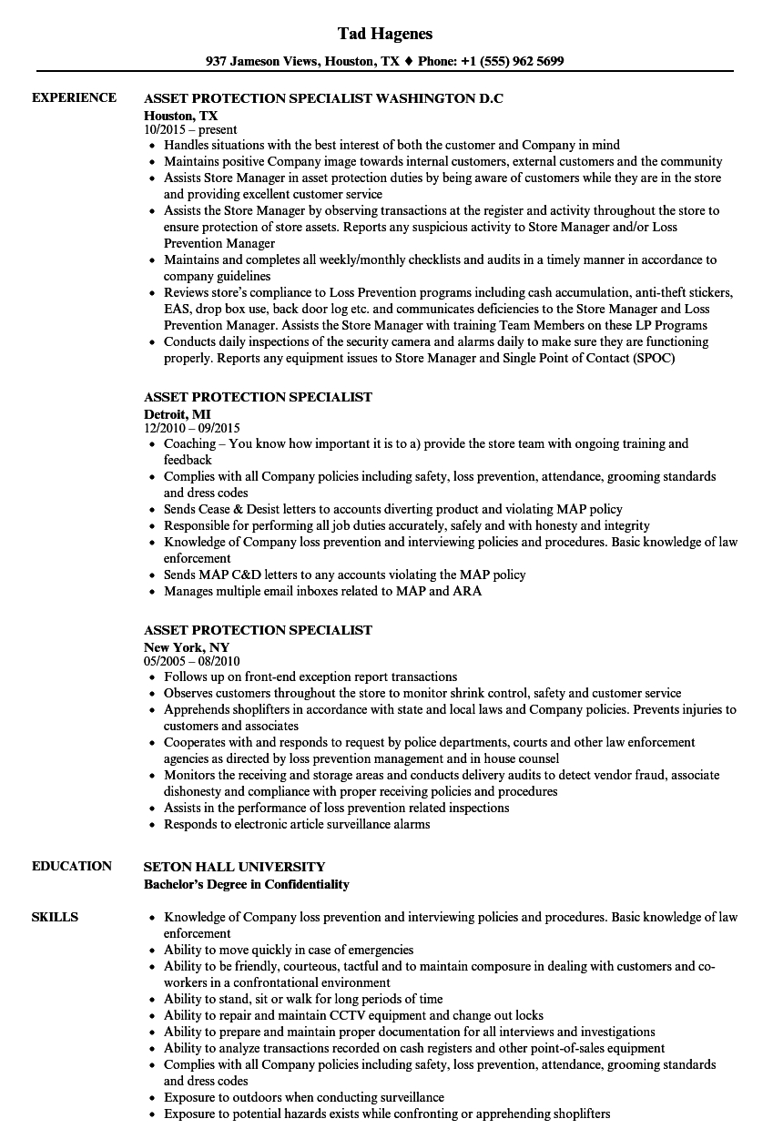 Asset Protection Specialist Resume Samples Velvet Jobs inside measurements 860 X 1240