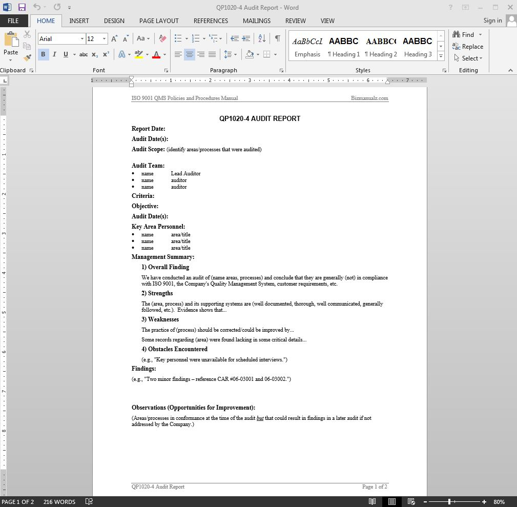 Audit Report Iso Template Qp1020 4 regarding sizing 1009 X 989