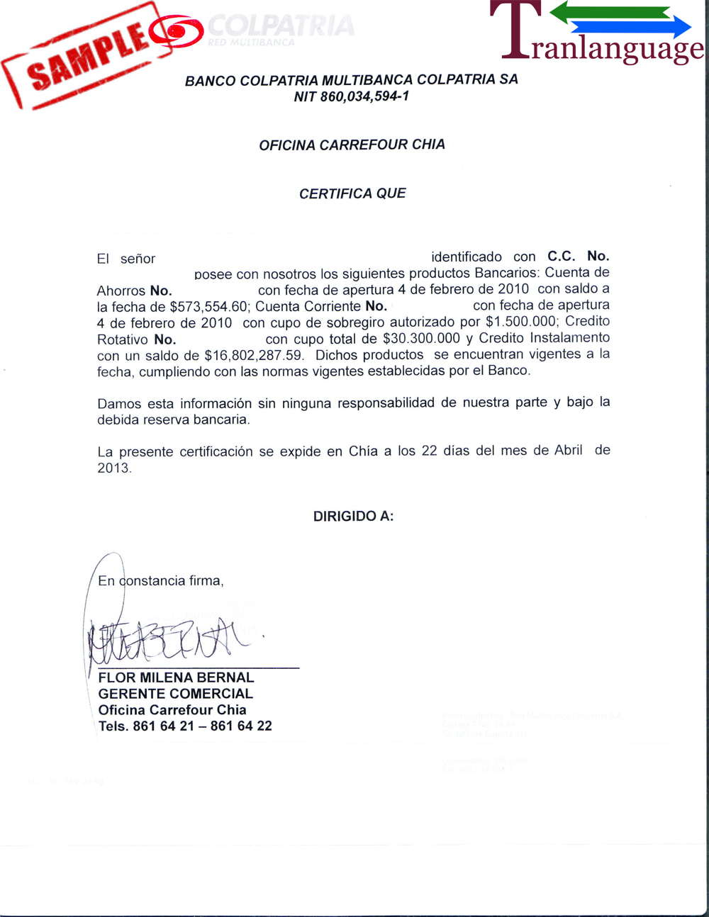 Bank Reference Letter Colombia throughout dimensions 1000 X 1294