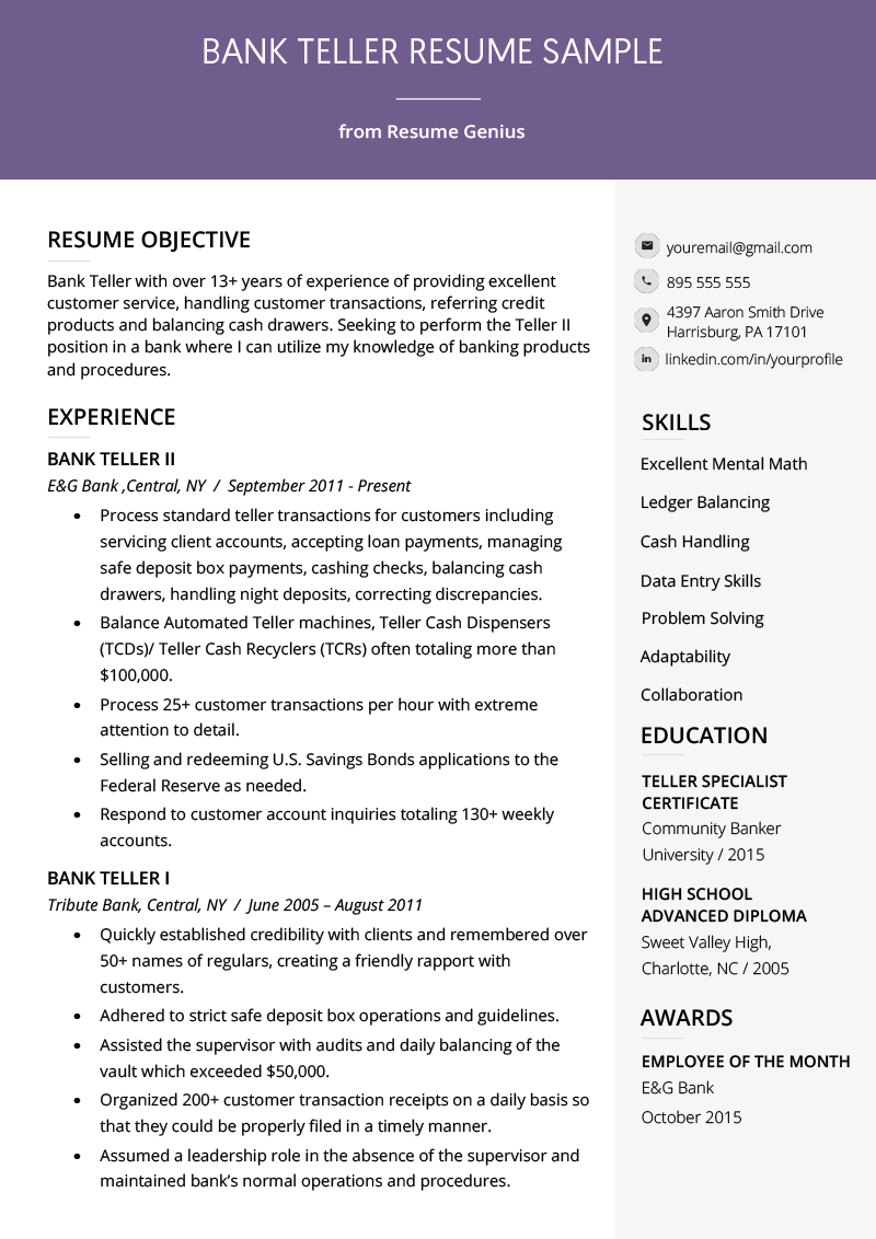 Bank Teller Resume Sample Writing Tips Resume Genius throughout measurements 800 X 1132